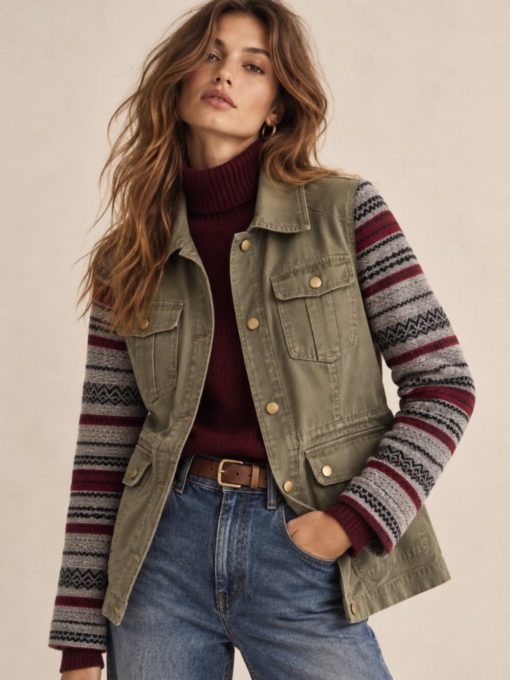 Jack by BB Dakota Olive Utility Jacket Fair Isle Knit Sleeves Boho Military